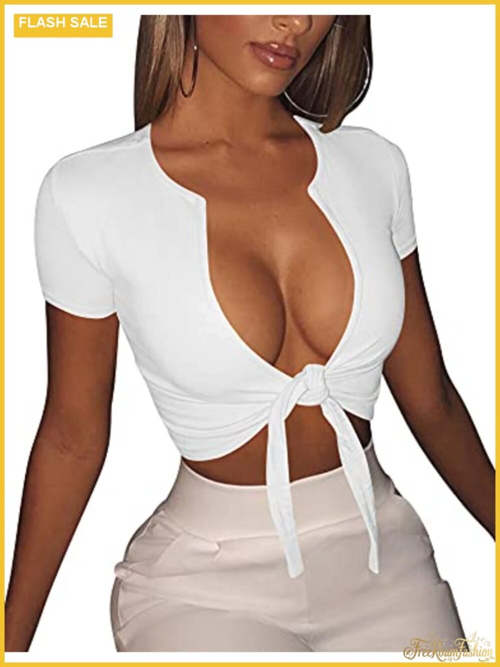 Women's Sexy Deep V Neck Tie Front Crop Top Short Sleeve Summer